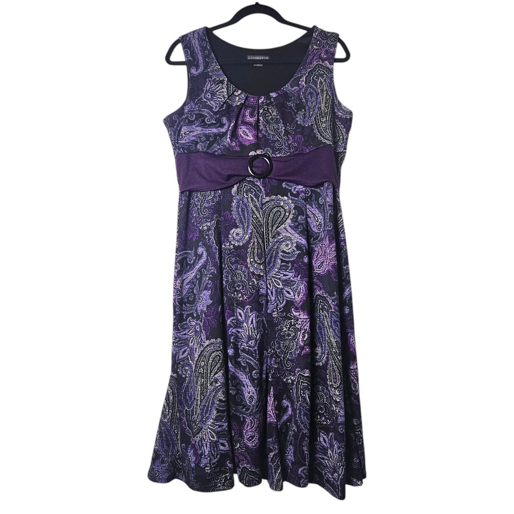 Covington 14 Purple Paisley Sleeveless Dress Empire Waist Midi Fairygoth Retro